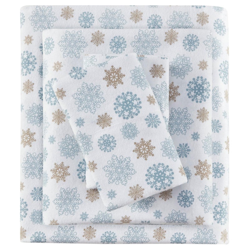 Sleep Philosophy True North by Sleep Philosophy Cozy Flannel Warm 100% Cotton Sheet - Novelty Print Animals Stars Cute Ultra Soft Cold Weather Bedding Set  Full  Tan/Blue Snowflakes 4 Piece - Image 1